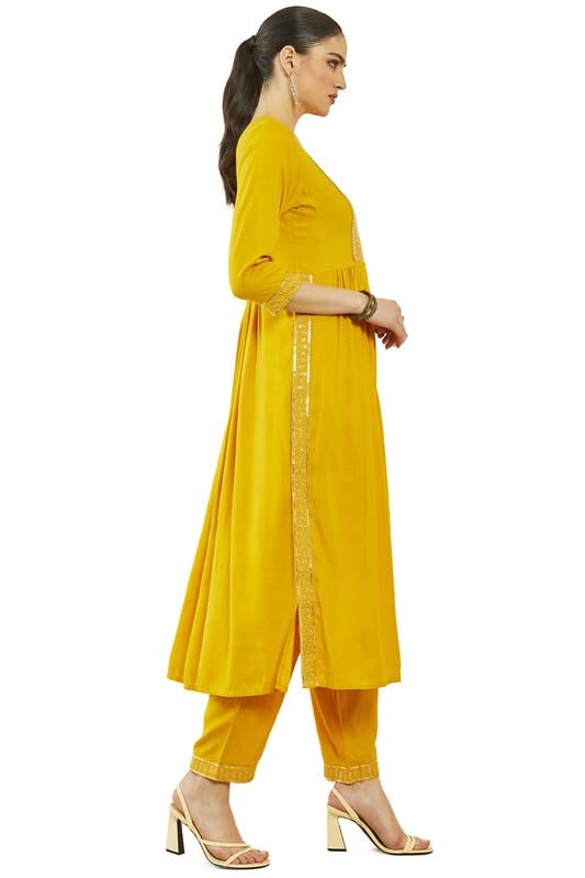 Soch Womens Mustard Rayon Slub Sequin Embroidered Nyra Cut Kurta Sets