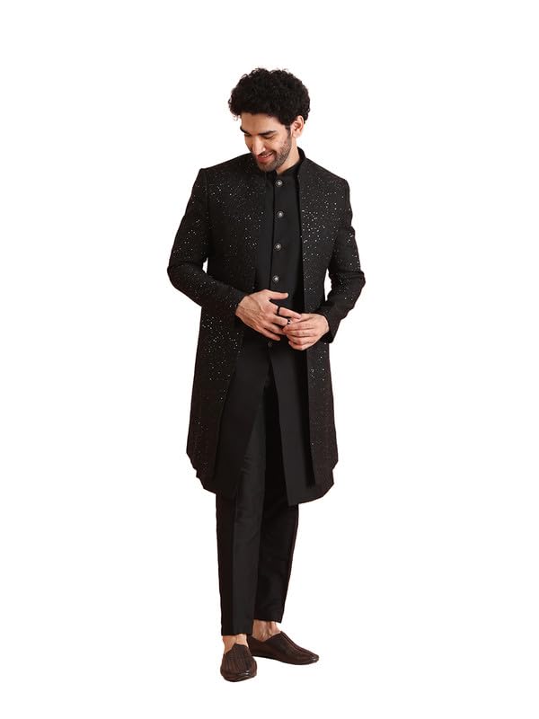 Kisah Mens Jacket Sherwani Trouser Set|Blended Fabric Embellished Pattern Indo-Western Set For Men|Regular Fit Mandarin Collar L