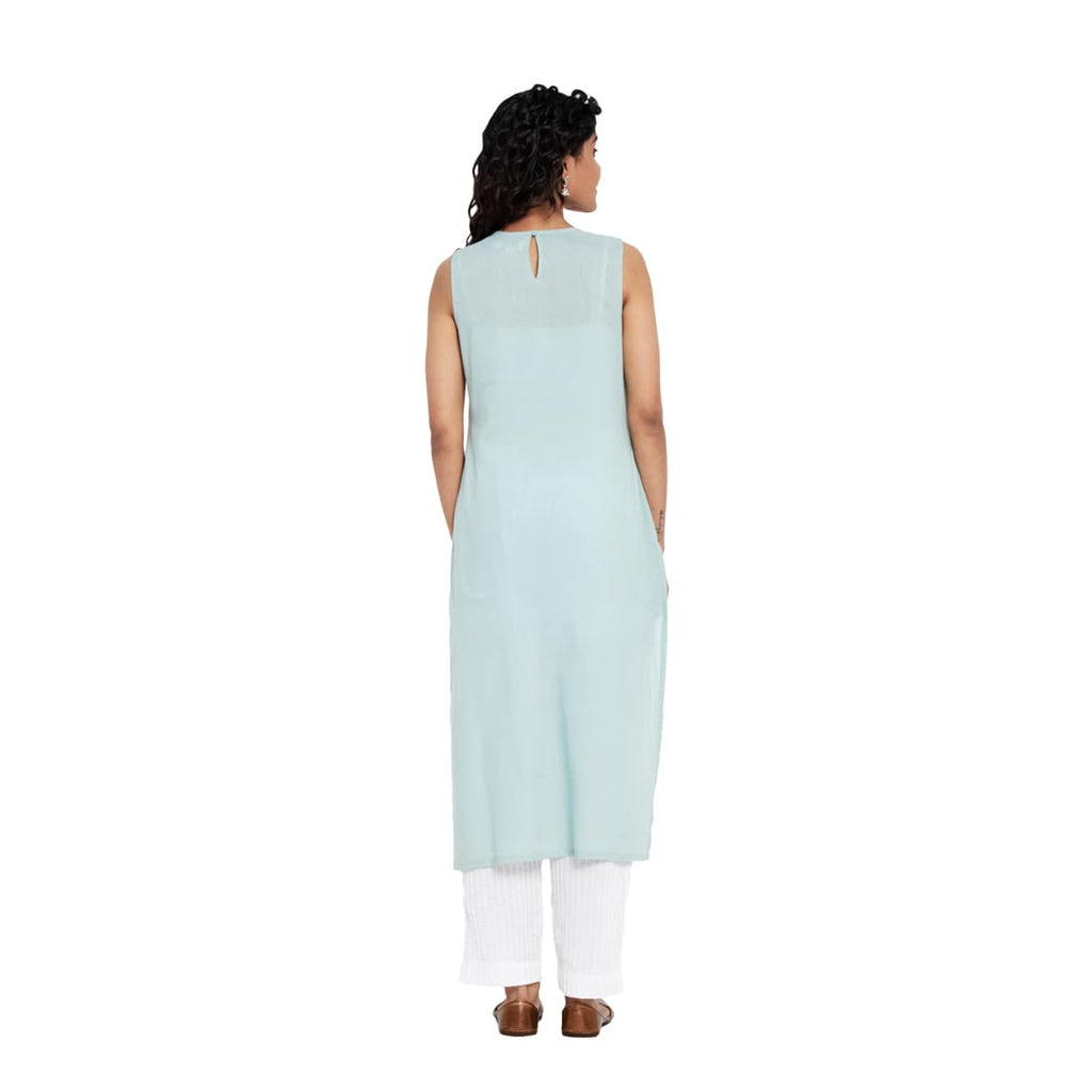 Fabindia Women Slub Chikankari Slim Fit Long Kurta Cotton_Turquoise Blue