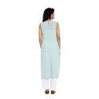 Fabindia Women Slub Chikankari Slim Fit Long Kurta Cotton_Turquoise Blue