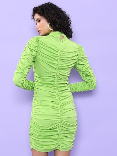 Ketch WomenS Cotton Blend Ruched Dress With High Neck Above The Knee Khj6000462_Lime Green