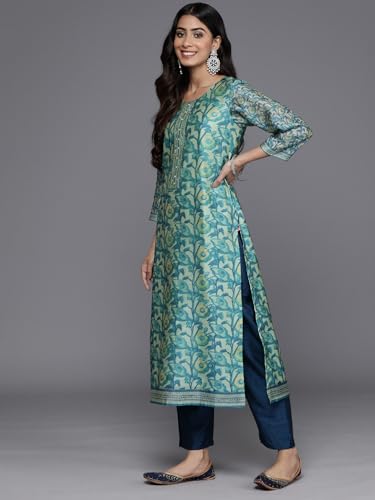 Varanga Women Blue Floral Printed Kurta, Round Neck Straight Kurta Paired With Tonal Bottom And Printed Dupatta.