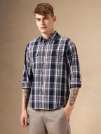 Dennis Lingo Men Navy Blue 100% Cotton Full Sleeve Spread Collar Checks Shirts_Dlmshjas24017_Nv