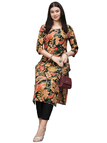 ANNI DESIGNER Womens Cotton Blend Straight Printed Kurta with Pant (Jabala Black_XL_Black_X-Large)
