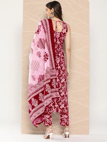 ANNI DESIGNER Womens Rayon Blend Straight Printed Kurta with Pant & Dupatta (Ball-Pink_L_Pink_Large)