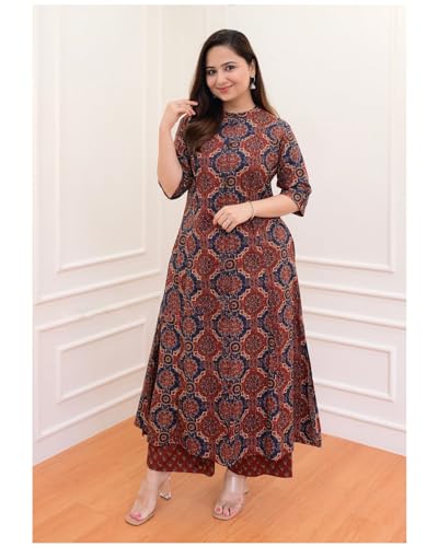 ANNI DESIGNER Womens Cotton Blend Straight Printed Kurta with Palazzo (ABP Maroon_S_Wine_Small)