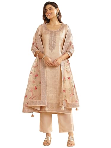 Libas Taupe Woven Design Silk Blend Straight Kurta Set For Women (99476Rxxl)