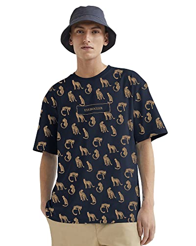 EYEBOGLER Round Neck Half Sleeve Loose Fit Animal Print Men Tshirt Navy Blue