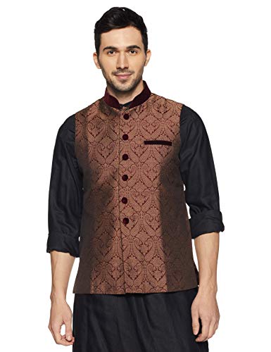 Manyavar MenS Banded Collar Blended Nehru Jacket, Maroon-Beige - Medium (J952358-307)