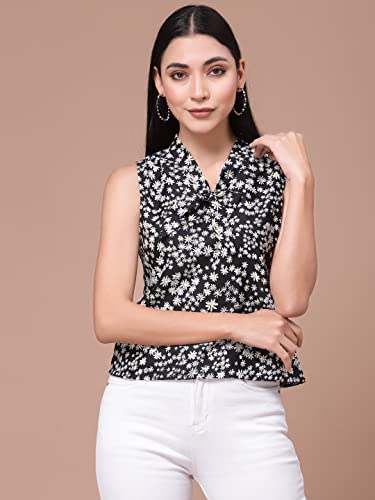 OOMPH! Womens Crepe Printed top with Tie Neck and Sleeveless