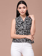 OOMPH! Womens Crepe Printed top with Tie Neck and Sleeveless