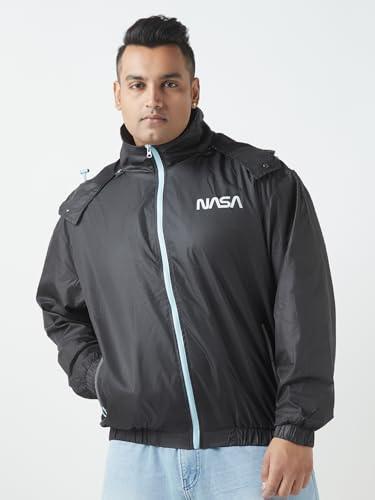 Bewakoof Official Nasa Merchandise Spaceman Mens Graphic Printed Oversized Fit Full Sleeve Hooded Nylon Plus Size Bomber Jacket