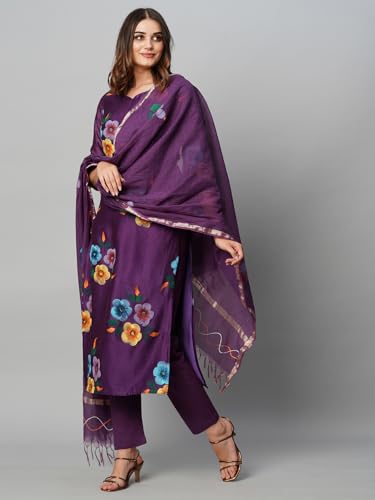 ANNI DESIGNER Womens Cotton Blend Straight Printed Kurta with Pant & Dupatta (Tank Violet_XXL_Violet_XX-Large)