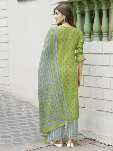 Sanisa Women'S Rayon Blend Floral And Geometric Printed Straight Kurta With Pant And Dupatta Set| Ethnic Set | Suit Set | Kurta Set