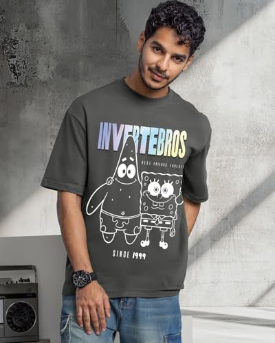 Bewakoof Official Spongebob Merchandise Mens Graphic Print Oversized Fit Half Sleeve Round Neck Cotton Jersey T-Shirt_648703_Gr