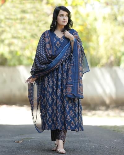 ANNI DESIGNER Womens Rayon Blend Printed Anarkali Kurta with Pant & Dupatta (AMPM Blue_XXL_Blue_XX-Large)