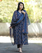 ANNI DESIGNER Womens Rayon Blend Printed Anarkali Kurta with Pant & Dupatta (AMPM Blue_S_Blue_Small)