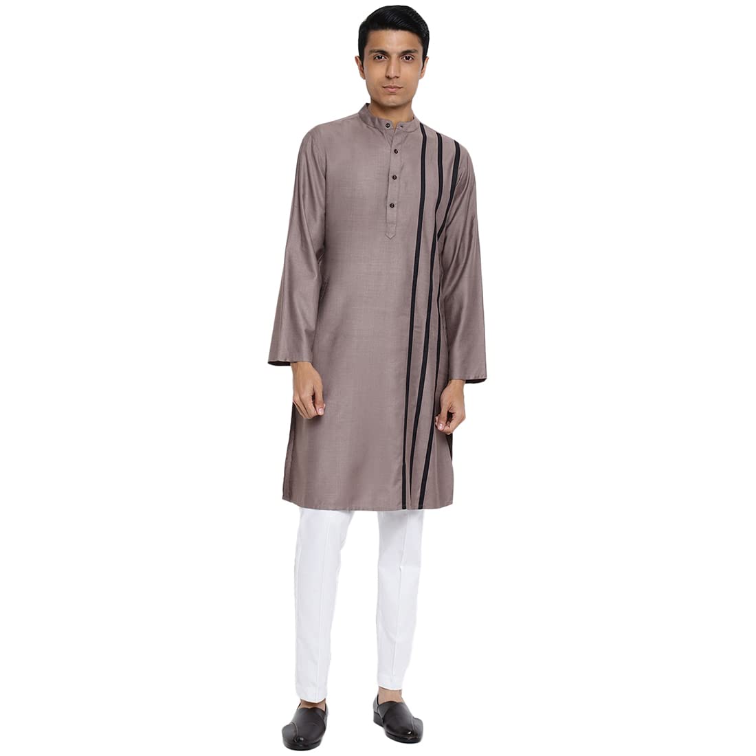 Fabindia Men Viscose Silk Chinese Collar Long Kurta Grey_M