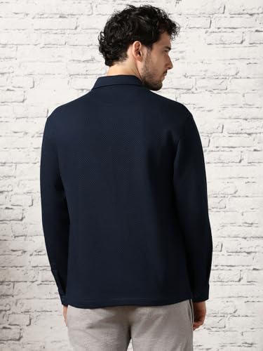Nobero Polyester MenS Self Design Relaxed Fit Standard Length Jacket (1M-Twjk-R0005_Midnight Blue