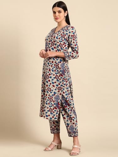 ANNI DESIGNER Womens Rayon Blend Straight Printed Kurta with Pant (Nakari Cream_M_Cream_Medium)
