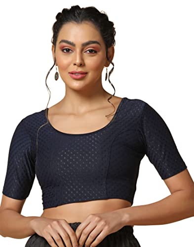 TOPLOT Cotton Blend Lycra Stretchable Round Neck Blouses for Women Readymade (Blouse-5058-Navy-42)
