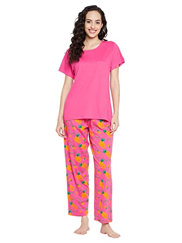 Clovia Womens Cotton Pineapple Print Pyjama & Top Set (LS0413Q14_Pink_L)