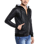 Campus Sutra Mens Black Solid Vegan Leather Regular Fit Cotton Jacket for Winter Wear Standing Collar Full Sleeve | Zipper | Ca