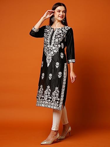 ANNI DESIGNER Womens Cotton Blend Straight Chikankari Embroidered Kurta (Victoria Black_M_Black_Medium)