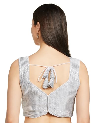 Vihu Fashion Womens Multicolor Sweetheart Neck Georgette Line Soft Sequence Zari Work Sleeves Readymade Saree Blouse (Silver, 3