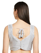 Vihu Fashion Womens Multicolor Sweetheart Neck Georgette Line Soft Sequence Zari Work Sleeves Readymade Saree Blouse (Silver, 3