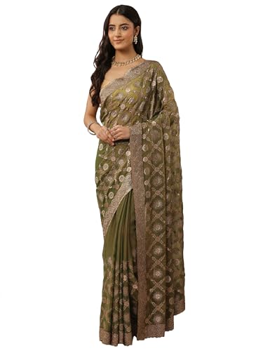 Green Embroidered Banarasi Silk Blend Saree With Unstitched Blouse Piece