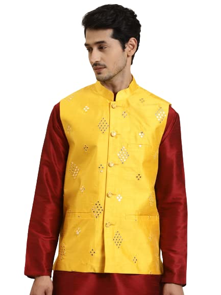 Sojana (Since 1958) Mens Silk Blend Black Mirror Work ONLY Nehru Jacket