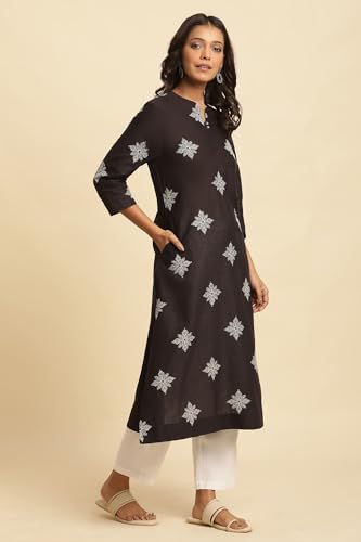 W Women Black Floral Print Cotton A-Line Kurta