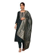 Varanga Women Pure Silk Teal Han Mbroidered Kurta With Bottom And Dupatta