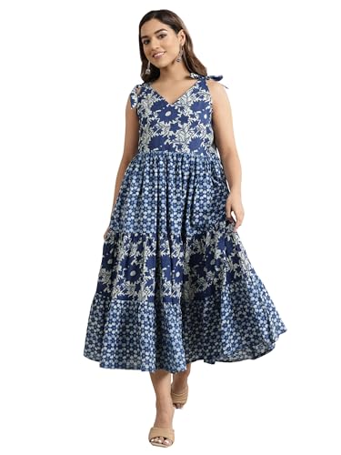 Libas WomenS Cotton Fit And Flare Midi Dress (29443Or_Blue