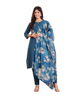 Varanga Women Blue Silk Floral Printed Stones Embellished Kurta Set With Dupatta