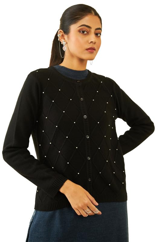 Soch Women Acrylic Pearl Embellished Diamond Pattern Knitted Cardigan