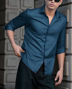 Indoprimo MenS Casual Button Down Long Sleeve Satin Plain Shirt
