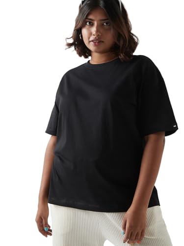 Bewakoof Womens Solid Oversized Fit Half Sleeve Round Neck Cotton Jersey Plus Size T-Shirt_646628_Black_5XL