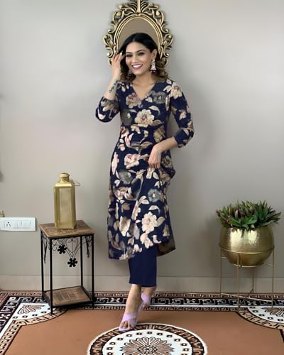 ANNI DESIGNER Womens Cotton Blend Straight Printed Kurta with Pant (DHUN Navy Blue_XL_Navy Blue_X-Large)