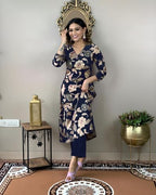 ANNI DESIGNER Womens Cotton Blend Straight Printed Kurta with Pant (DHUN Navy Blue_XL_Navy Blue_X-Large)