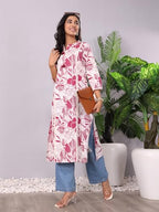 Varanga Women Bold Floral Printed Cotton Flex Kurta  Comfortable And Versatile For Everyday Looks Off White