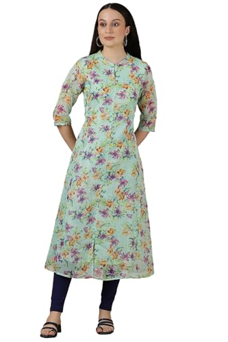 Aurelia WomenS Floral Printed A-Line Kurta | Band Collar Kurta For Women | Printed Kurta For Women | Beautiful Regular Fit Kurta