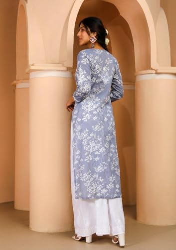 ANNI DESIGNER Womens Cotton Blend Chikankari Embroidered Straight Kurta (Zainab Grey_XL_Grey_X-Large)