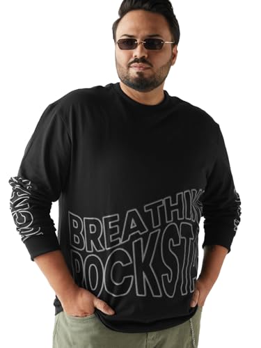 Bewakoof Mens Typography Oversized Fit Full Sleeve Round Neck Terry Plus Size T-Shirt_597323_Black_6XL