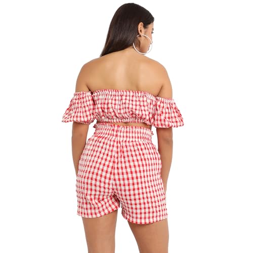 Campus Sutra Women'S Red Gingham Co-Ord Set For Casual Wear | Short Sleeve | Polyester Fabric | Off-Shoulder Clothing Set Crafte
