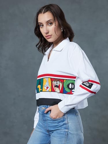 Bewakoof Official Looney Tunes Merchandise Womens Graphic Printed Oversized Fit Full Sleeve Cotton Polo Short Top_615089_White_