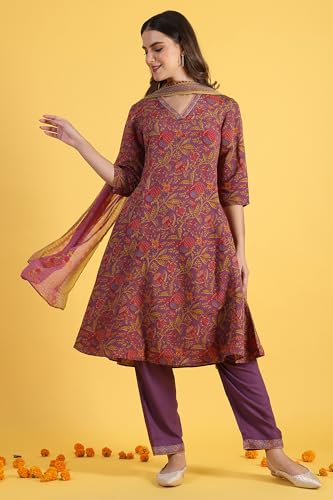 W For Woman Purple Printed Flarred A-Line Kurta & Straight Pant With Dupatta Set