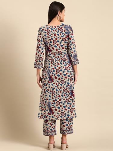 ANNI DESIGNER Womens Rayon Blend Straight Printed Kurta with Pant (Nakari Cream_M_Cream_Medium)
