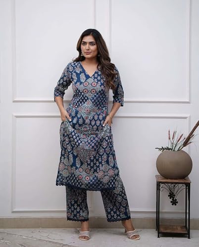 ANNI DESIGNER Womens Rayon Viscose Straight Printed Kurta with Pant (KADAI Blue_S_Blue_Small)